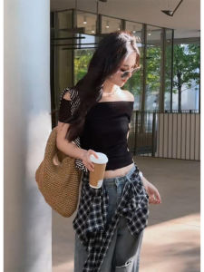 YUEZHONGWEI | French Style Shoulder Bared Ice Silk Knitted Short Sleeve T Shirt Women Summer Slim Fit Exposing Shoulder Top Commute Style