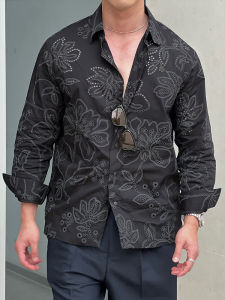 Casual Floral Embroidery Mens Shirt Luxury Hollow out Design French Style Vintage Micro Carving Leisure Fashionable Cotton Shirt