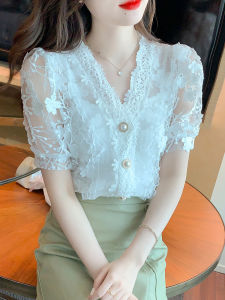 Elegant V-Neck Lace Chiffon Top Womens Fashion Summer Beautiful Lightweight Luxury Short Sleeve Shirt Korean Style Straight Cut