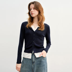 DUSHU | Plus Size Two-tone Knit Cardigan For Spring Commuting Wear