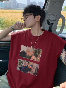 American Retro Wine Red Sleeveless Cotton T-Shirt Mens Summer Fitness Basketball Sport Vest Short Sleeve Shoulder Pad