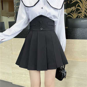 High Waist A-Line Mini Skirt with Inner Lining Black Suiting Fabric Gathered Waist Autumn Style Polyester Polyester Blend