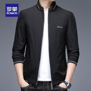 ROMON | Lormen Mens Stand Collar Jacket Short Casual Style Windproof Spring Autumn New Business Coat Polyester Fiber Long Sleeve Zipper