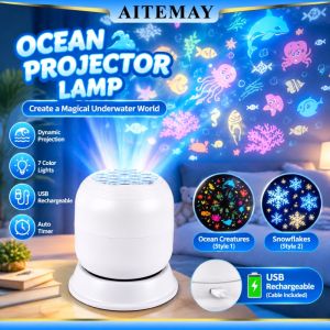 Aitemay Có Thể Sạc Lại đèn đêm máy chiếu Đại Dương họa tiết bông tuyết chế độ kép USB Môi Trường Xung Quanh Đèn 360 Rotation Trang Trí Nội Thất Cho Phòng ngủ phòng khách trẻ em phòng vui chơi