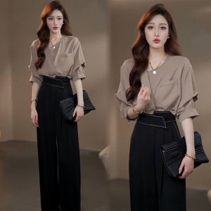 Elegant Capable Fashion Suit Womens Summer New Arrival Loose Slim Looking Classic Style Young Tops Loose Pants Two-piece Set