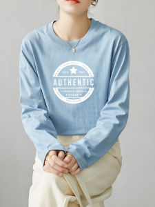 Pure Cotton Blue Long Sleeve T-Shirt Womens Base Layer Shirt Spring Autumn Style Retro American Design Large Size Top