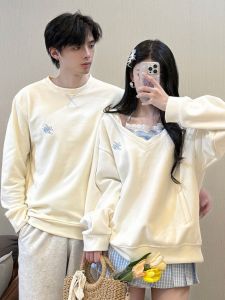 Couples Long Sleeve Shoulder Bared Two-Piece Suit Autumn Fashion Casual Loose Fit V-Neck Sweatshirts Simple Commute Style