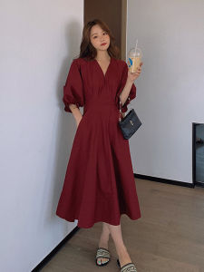 Wine Red Summer Dress Womens V-neck Bubble Sleeve One-piece Dress Korean Style Loose Waist A-line Midi Dress ZGZ COME