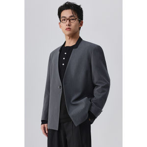 New W2X2024 Autumn Casual Color Block Collarless Chinese Style Mens Suit Jacket Standard Fit Long Sleeve Single Button Closure