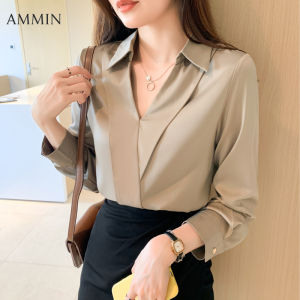 AMMIN Korean fashion casual commuter long sleeve V-neck satin silk shirt 2024 new womens lapel loose design sense solid color chiffon Tops cardigan blouse
