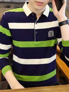 Men Long Sleeves T-Shirt Stripes Spring and Autumn K-style Trendy Stretch Embroidery Polo Shirt Trendy Lapel Autumn Clothing Tops