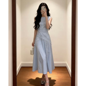 CHOUXIE | Elegant French Lace Blue Long Dress