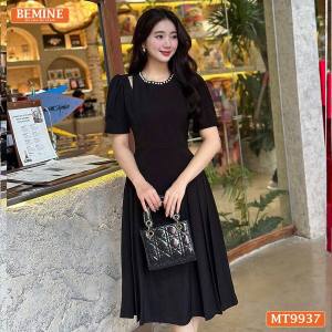 Đầm thiết kế BEMINE cổ tròn viền ngọc khoét vai dáng dài tay phồng phù hợp đi chơi đi tiệc-MT9937