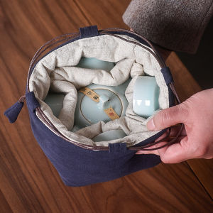 Cotton and Linen Thickened One Pot Two Cups Four Cups Buggy Bag Tea Set Bag Cloth Bag Drawstring Drawstring Pocket Travel Portable Chinese Style