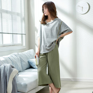 Ladies Cotton Sleepwear Summer Short Sleeve Seven-Piece Pants Set Casual Home Clothes Large Size Youth Thin Fabric round Neck