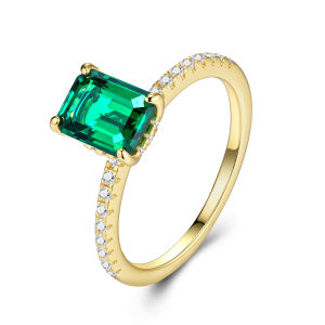 Nhẫn Đính Hôn Thanh Lịch Bằng Bạc S925 Mạ Vàng 18K Đá Emerald Nhân Tạo Cắt Emerald 6x8mm JIUZUAN Đính Đá Moissanite Bên Cạnh Dành Cho Nữ
