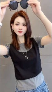 พร้อมส่ง! เสื้อยืดสีเทา คอกลมแขนสั้น เสื้อกล้ามเย็บติด เซ็ต2ชิ้น (ติดกัน) สไตล์มินิมอล ผ้า Cotton นุ่ม ใส่สบาย #6003