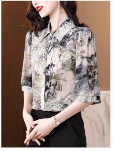 เสื้อเชิ้ตผ้าชีฟองคอจีนสำหรับผู้หญิงฤดูใบไม้ผลิและฤดูร้อนใหม่ไซส์ใหญ่แฟชั่นเสื้อแขนยาวลายดอกไม้สวยงาม