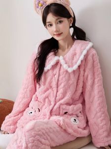 Coral Fleece Open Cardigan Winter Sleepwear Set for plus Size Women Anti-Cold Warmth Home Clothes Long Sleeve V-Neck Button Decor
