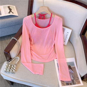 Pure Desire Contrast Color Block Hanging Neck Long Sleeve T-Shirt Womens Autumn Design Sensation Fake Two-Piece Sweet Cool Girl Base Shirt