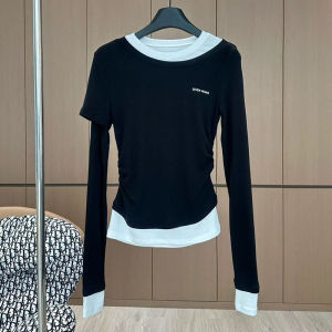 Spring Summer New Style Womens Slim Fit Long Sleeve T-shirt Black White Color Block Letter Print Pleated Top by Princess Greenn