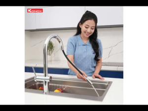 Vòi rửa bát dây rút Konox Comfor Chrome thiết kế bo tròn tinh tế xoay 360 độ 2 đường nóng lạnh