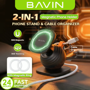 BAVIN PS92 2in1 360°Rotating Magnetic Phone Holder w/Strong MagnetRetractable Rod Adjustment & Silicone Cable Organizer