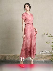 JK&JS | New 2025 Summer JKJS Zhi Xia Yin Silk Embroidered Dress Chinese Style Long A-Line Skirt High Waist Regular Sleeve V-Neck Print
