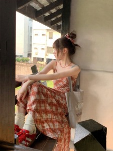NIHAOKANONG | Đầm hai dây kẻ caro dáng dài chữ A tôn dáng cho nữ