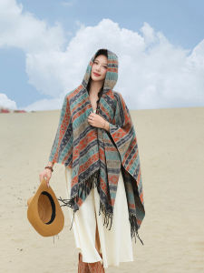 Bohemian Ethnic Style Hooded Cloak Shawl Travel Warmth Outerwear Thick Scarf Youthful Spring Autumn Winter Womens Fashion