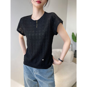 White round Neck Short Sleeve T-Shirt Women Summer New Hollow out Ice Silk Knitted Base Shirt Top Outerwear Breathable Moisture Wicking