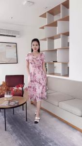 Đầm xòe hoa nhí xếp ngực đính nút tay búp sen có túi Misa - MS0310 (Hình thật shop chụp)