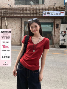 Song Zhengen V-Neck Red Short Sleeve Pure Cotton Slim Fit T-Shirt Korean Style Summer New Arrival Womens Fashion Top