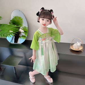 แขนสั้นสไตล์เจ้าหญิง เด็กทารก เดรส 2023 เวอร์ชั่นสไตล์จีนใหม่ เด็กผู้หญิง เสื้อผ้า หวาน ลายดอกไม้ งานปัก กระโปรงทรงเอ