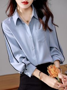 เสื้อเชิ้ตผู้หญิงแขนยาวทรงหลวมสไตล์ฝรั่งเศส สีขาว ดีไซน์เก๋ไก๋ แฟชั่นฤดูใบไม้ผลิและฤดูใบไม้ร่วง เสื้อเชิ้ตผ้าชีฟอง