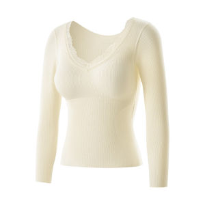 SUHUIQIAN | Autumn Winter Lace Trim V-Neck Top