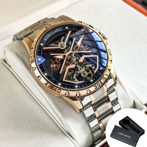 AOKULASIC | Fashion Tourbillon Mechanical Watches Luminous Hands Rose Gold Skeleton Automatic Watch for Men Stainless Steel Strap AOKULASIC
