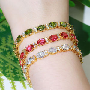 SEQUITO Indian Classy Yellow Gold Plated Pendant Bracelet Inlay White Oval CZ Stone Luxucy Women Wrist Jewelry Accessories Banquet Party Bangle B203