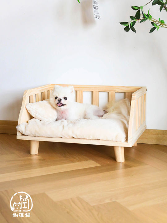 Simple Aesthetic Wooden Dog Bed All Season Small Size for Pomeranian Dogs  And Cats Natural Wood Pet House Comfortable Couch