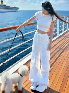 XINGJUSHE | White Summer Lightweight High Waist Loose Straight Casual Wide Leg American Style Quick Dry Hiking Cargo Pants