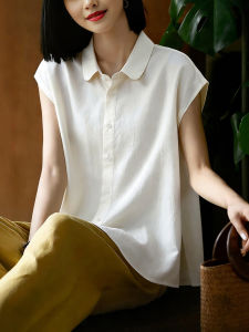XIAOMENG | Áo Sơ Mi Bông Retro Cotton Linen Có Cổ Peter Pan và Tay Phồng