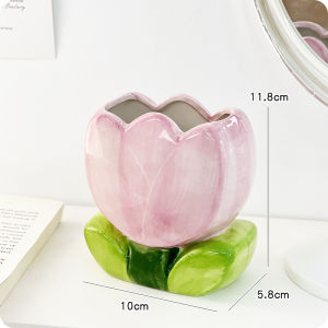 Tulip Flower Ceramic Makeup Brush Organizer Desktop Decoration Office Pen Holder Lipstick Brush Bucket Storage Box