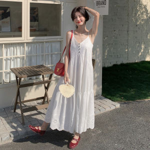 White Romantic Lace Halter Dress Summer New Style Holiday Womens Dress Gored Skirt A-Line Silhouette V-Neck Sleeveless Long Dress