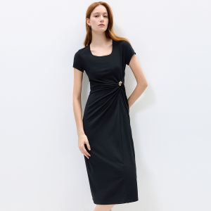 Lily | Summer New Arrivals Lenzing Blend Asymmetric Waist-cinching Solid Short Sleeve Dress