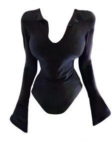 Slimming Base Layer Shirt Long Sleeve V-Neck T-Shirt Womens plus Size Fashionable Korean Style Commute Pure Desire Black