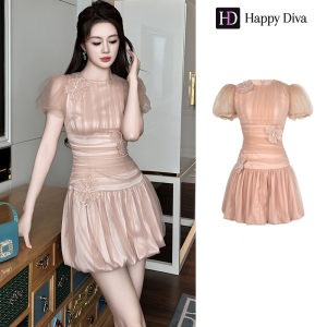 Happy Diva ชุดผู้หญิงสีชมพูพัฟแขนตาข่ายชุดลําลองชุดปาร์ตี้อย่างเป็นทางการชุดราตรีงานแต่งงานนักเรียนชุดสําเร็จการศึกษา 15388