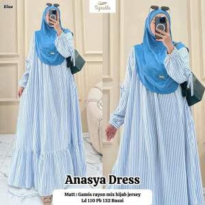 Anasya Set Dress BY Signadila Setelan Gamis dan Hijab Set Dress Wanita Motif Salur Setelan Baju Muslim Wanita Gamis dan Bergo Outfit Baju Muslim Kekinian