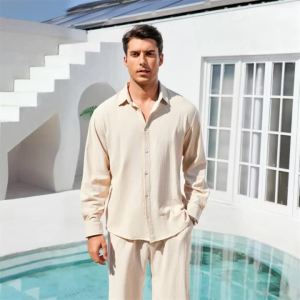 Summer Shirt Beach Cotton Linen Shirts Men Cardigan Tops Long Sleeved Turn Down Collar Slim Fit Large Size