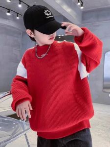 เสื้อสเวตเตอร์ถักหนาสำหรับเด็กชาย สีแดง คอกลม แขนยาว ฤดูใบไม้ร่วง/ฤดูหนาว เสื้อผ้าเด็ก แฟชั่นสำหรับเด็กชาย เสื้อผ้าเด็ก