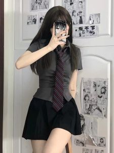 Áo Sơ Mi JK Pure Desire Co Giãn Tay Ngắn Ôm Vừa Vặn Thiết Kế Xếp Ly Sensual Màu Xám Thời Trang Mùa Hè Áo Sơ Mi Cotton